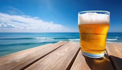 A Glass Of Beer Is Sitting On A Wooden Table By The Ocean The Glass Is Half Full And The Liquid Inside Is Clear The Scene Is Relaxed And Peaceful With The Ocean In The Background