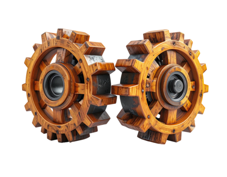 Two intricately crafted wooden gears meshing together against a black backdrop