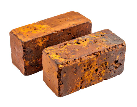 Two weathered, textured, rectangular brown blocks with yellowish highlights - Powered by Adobe