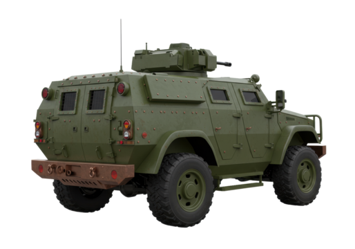 Green armored military vehicle isolated, army transport for defense and security operations on transparent background