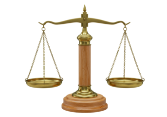 Brass balance scale isolated on transparent background, symbol of justice and law in equilibrium, legal concept for graphic design element
