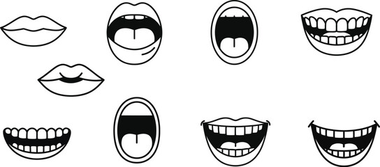 Lips set laughing mouth icons silhouette editable vector illustration 