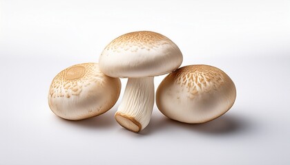 Three White Shiitake Mushrooms Isolated On A Pure White Background Minimal Composition