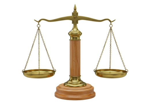 Brass balance scale isolated on transparent background, symbol of justice and law in equilibrium, legal concept for graphic design element