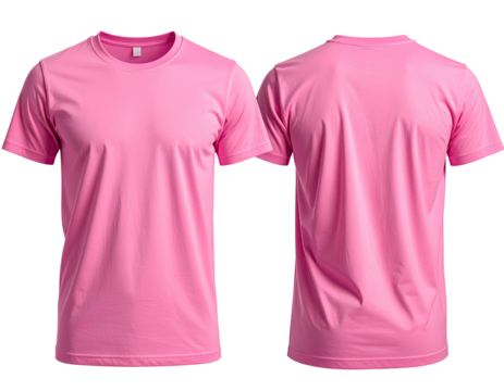Pink t-shirt displayed with front and back views, showcasing its simple design
