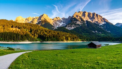 Mountain lake panorama at dawn