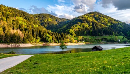 Mountain lake panorama in spring