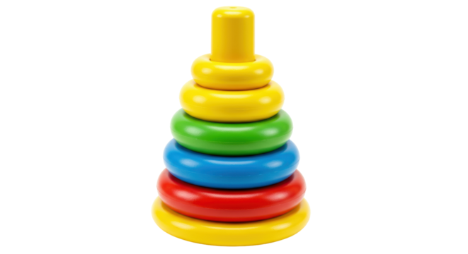 Colorful wooden stacking rings toy isolated, educational game for toddlers and preschool children, no background