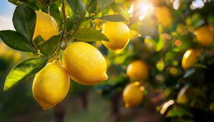 Lemon Fruits Ready To Harvest On The Tree During A Sunny Day In Rural Farmland