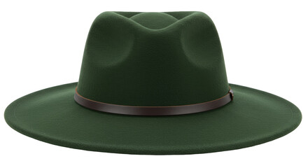 Stylish green fedora hat with brown leather band isolated on transparent background, fashion accessory for men and women