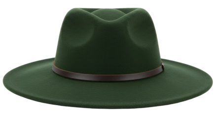 Stylish green fedora hat with brown leather band isolated on transparent background, fashion accessory for men and women