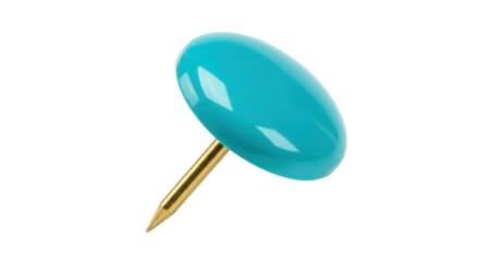 Turquoise push pin isolated on transparent background, office supply for bulletin board and notice board use