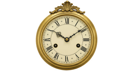 Antique gold clock face isolated on transparent background, vintage time piece with Roman numerals for design and decoration