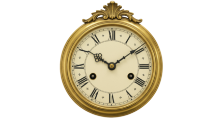Antique gold clock face isolated on transparent background, vintage time piece with Roman numerals for design and decoration