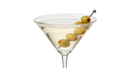 Classic martini cocktail with green olives isolated, alcoholic beverage in a stemmed glass for bar menu and party celebrations