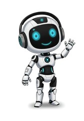 Fototapeta premium A cute friendly humanoid robot with a shiny white and black body, glowing blue eyes, smiling digital face, and futuristic headphones waving in a welcoming gesture on transparent background