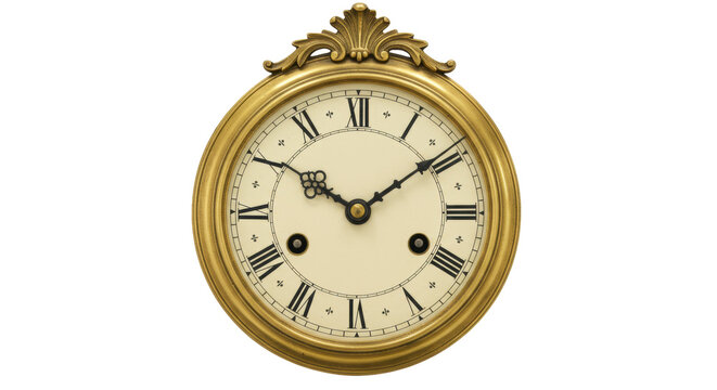 Antique gold clock face isolated on transparent background, vintage time piece with Roman numerals for design and decoration