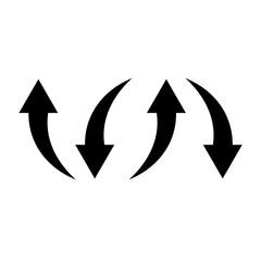 Four black arrows, two pointing upwards and two downwards, all with curved trajectories, arranged horizontally on a white background.