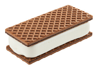 Rectangular ice cream sandwich isolated on white, classic summer treat with chocolate wafers and vanilla ice cream for dessert