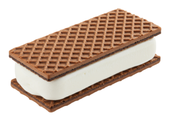 Rectangular ice cream sandwich isolated on white, classic summer treat with chocolate wafers and vanilla ice cream for dessert