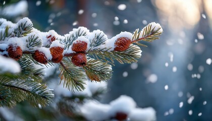 Close Up Of A Snow Dusted Evergreen Branch With Reddish Brown Buds Softly Blurred Background Showing Falling Snow And More Evergreen Boughs