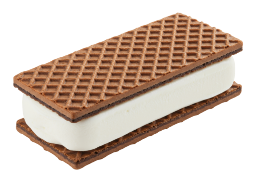 Rectangular ice cream sandwich isolated on white, classic summer treat with chocolate wafers and vanilla ice cream for dessert