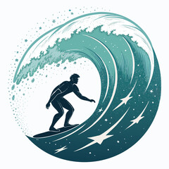Surfer rides a stylized wave under a starry sky. in detailed view.