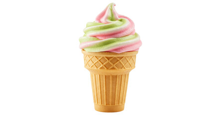Delicious pink and green soft serve ice cream in a cone isolated, sweet dessert for summer treat on transparent background