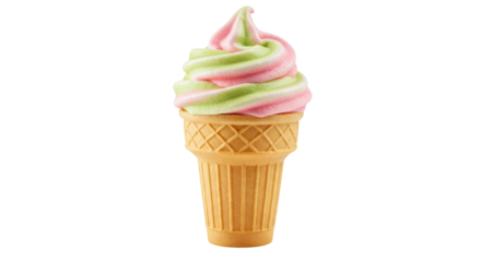 Delicious pink and green soft serve ice cream in a cone isolated, sweet dessert for summer treat on transparent background