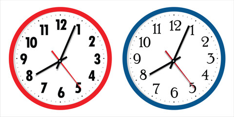 Wall office clock icon set. Clock face design. Round wall office clock collection.