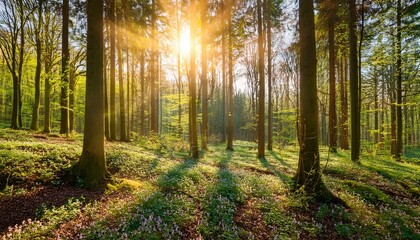Silent Forest In Spring With Beautiful Bright Sun Rays