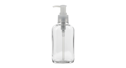 Clear plastic bottle with pump isolated on transparent background, liquid soap dispenser for hygiene and personal care PNG
