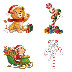 Naklejka premium Cute Christmas Cartoon Animal Characters Set with Festive Decorations and Coloring Page