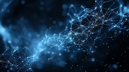Abstract blue network; glowing nodes & lines forming a complex, interconnected structure against a dark, bokeh-filled background