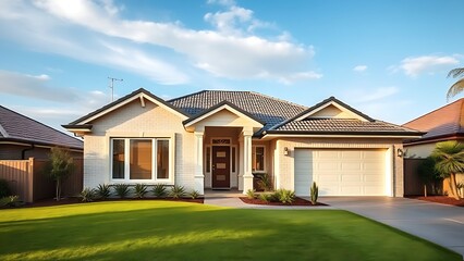 Fototapeta premium Charming Australian-style suburban home with a manicured lawn, bathed in natural daylight under a soft cloudy sky.