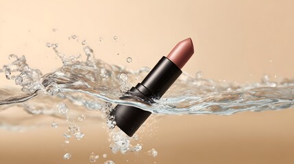 Lipstick in water splashes on beige background, closeup.
