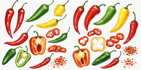 Illustration of various types of chili peppers in different colors and forms, including whole and sliced peppers.