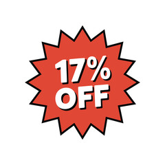 17 Percent Off Discount Badge, Red Sale Promotion Sticker with Bold Outline