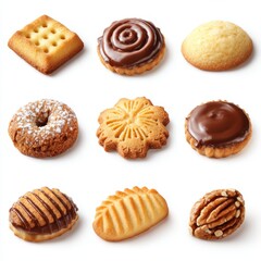 A variety of delicious cookies arranged, enticing and ready to be enjoyed. The image highlights the diverse shapes, textures, and flavors of the treats.
