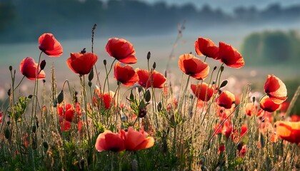 A Vibrant Display Of Red Poppy Flowers Swaying Gently In The Breeze This Nature Inspired Artwork Brings A Sense Of Peace And Beauty Perfect For Gardens And Floral Themes Ai