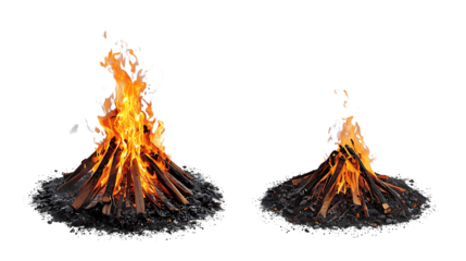 Two Campfires Burning Brightly with Flames and Embers on a Black Background Ready for a Wilderness Adventure