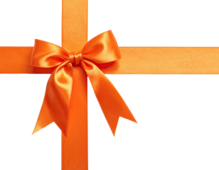 Close-up of a vibrant orange satin bow tied around intersecting ribbon
