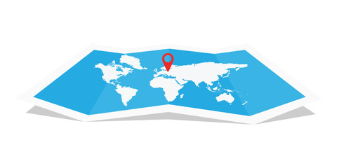 Folded world map with travel pin location © viktorijareut