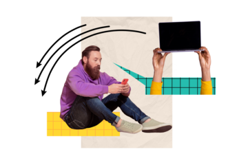 Creative trend collage of mature man social media communication netbook device template metaphor psychedelic pinup