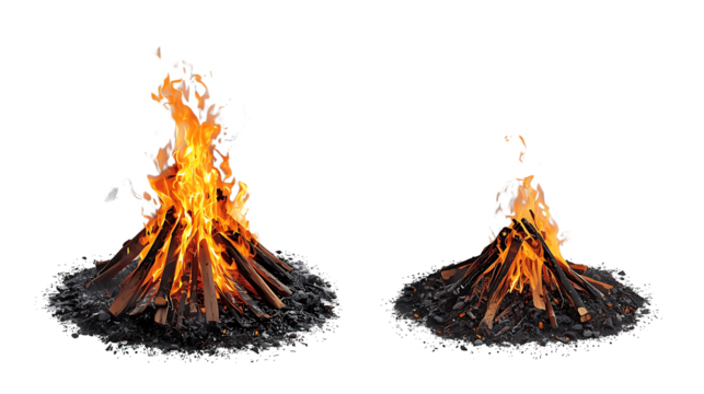 Two Campfires Burning Brightly with Flames and Embers on a Black Background Ready for a Wilderness Adventure