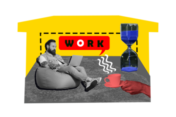 Composite photo collage of serious businessman sit beanbag surf macbook device freelance home work hourglass isolated on painted background