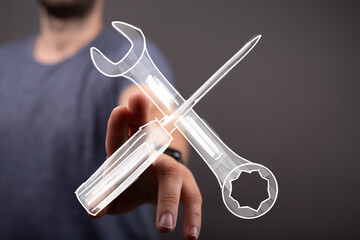 Concept image of tools, repair, maintenance, service, digital technology, support, solution, handyman, fix.