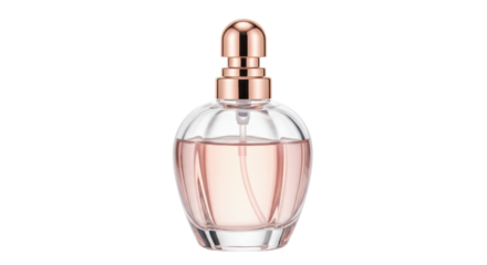 Elegant perfume bottle with pink liquid isolated, luxury fragrance in glass container for women s beauty and personal care product