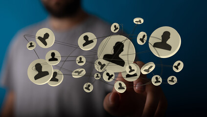 Concept of social network and connection. Man touches digital interface representing social connections, community, and online relationships.