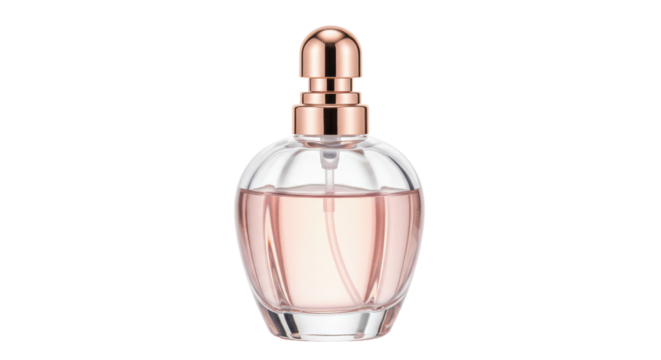 Elegant perfume bottle with pink liquid isolated, luxury fragrance in glass container for women s beauty and personal care product